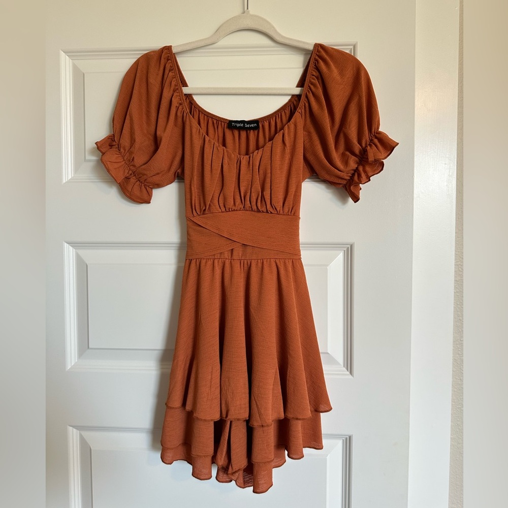 Burnt Orange Tiered Romper with Puff Sleeves